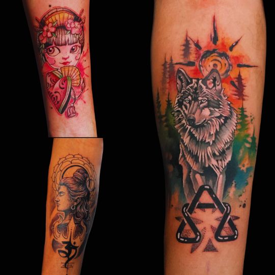 Creative Tattoo Designs by 3 Cube Tattoo Studio – Best Tattoo in Kolkata A collage of three professional tattoo designs created by 3 Cube Tattoo Studio in Kolkata, featuring a colorful Japanese doll tattoo, a realistic wolf tattoo with watercolor background, and a Lord Shiva-inspired black-and-grey tattoo.